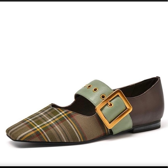Beau Today Plaid Belt Square Toe Flat Loafers Brown Green Size 37 - Picture 11 of 11